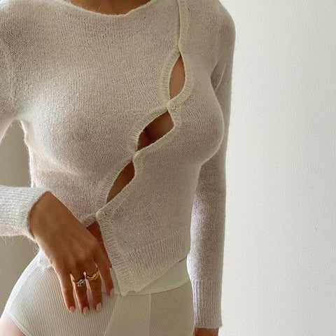 Geumxl fall outfits  Long Sleeve Spring Autumn Knitted Women Tops Sweaters T-Shirts Elegant Hollow Out Top Tees Streetwear Y2K Clothes