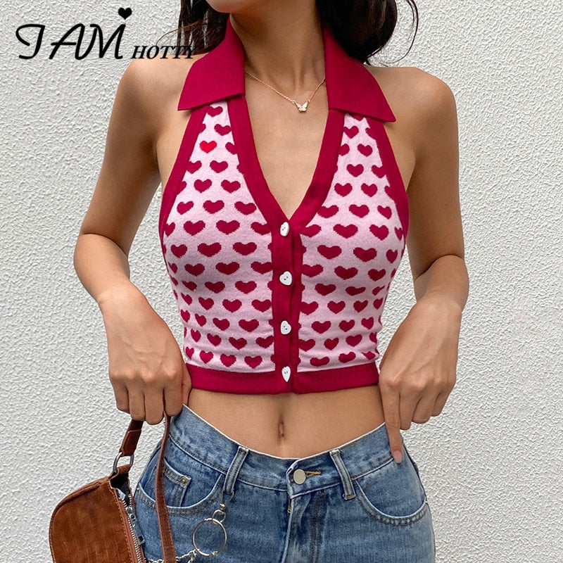 Red Heart Printed Knit Vest Summer Harajuku Vintage V Neck Halter Crop Top Button-up Camisole Knitwear Cardigan 2022Iamhotty