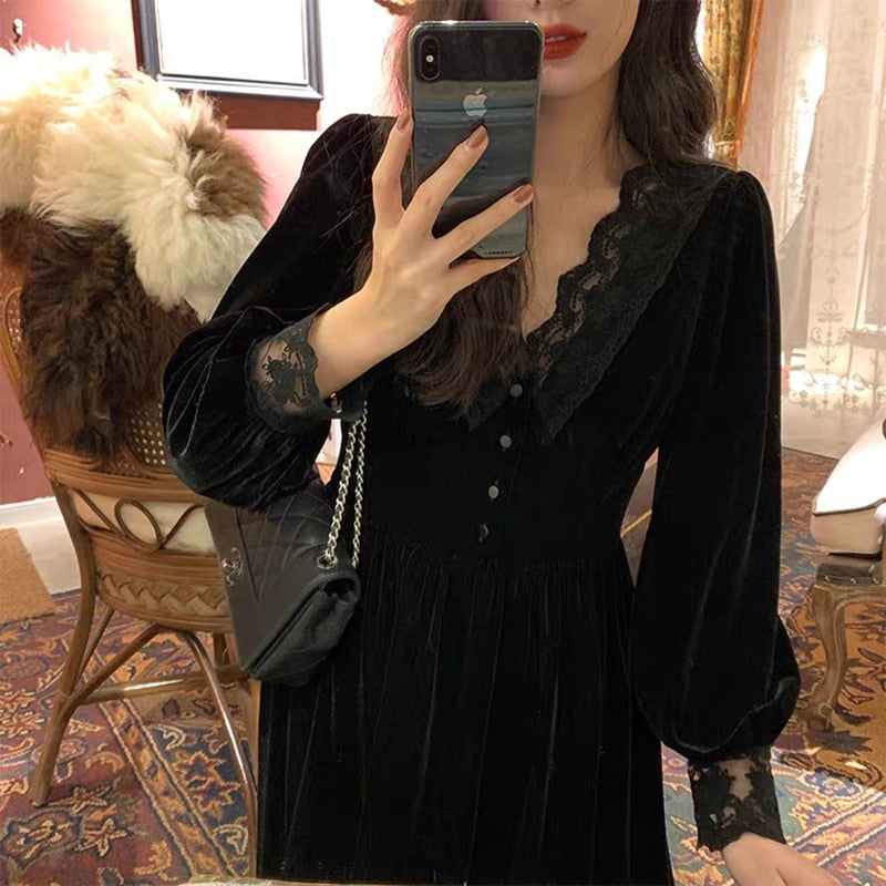 Geumxl French Casual Women Lace Velvet Black Elegant Party Vintage Dresses Female Autumn 2023 High Waist Long Sleeve Plus Size Dress