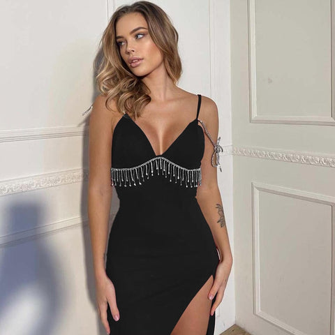 Geumxl Black Friday Sales 2023 Summer Hot Black Spaghetti Chain Strap Backless Midi Dress  Club Casual Evening Party Prom V-Neck Split Folds Dresses