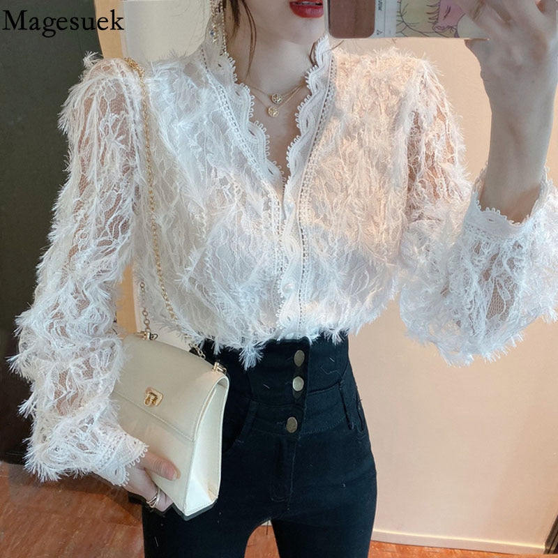Geumxl Vintage V-Neck Long Sleeve Lace Blouse Women Tops Tassel White Shirts Blusas Hollow Out Lace Flowers Ladies Blouses Shirts 16095