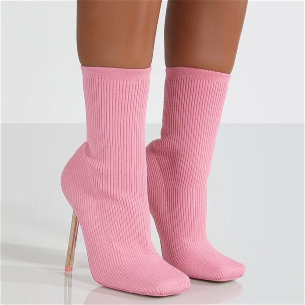 Large Size 43 Sexy Party Sock Boots Women Thin High Heels Fashion Shoes Spring Autumn Female Square Toe Stretch Ankle Boots