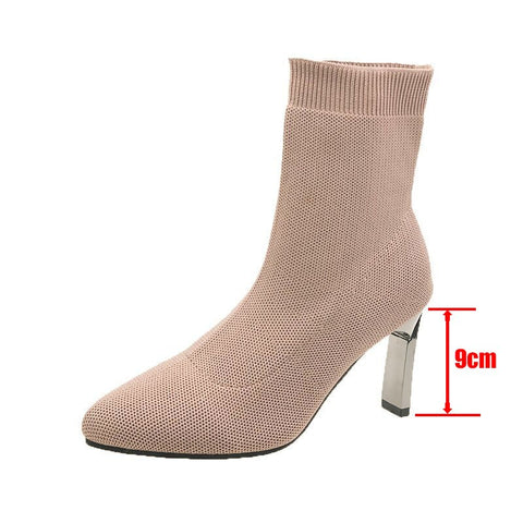 Geumxl Women Ankle Sock Boots 2022 Fashion High Heel Air Mesh Breathable Pointed Toe Knit Slip On Casual Office Autumn Ladies Shoes