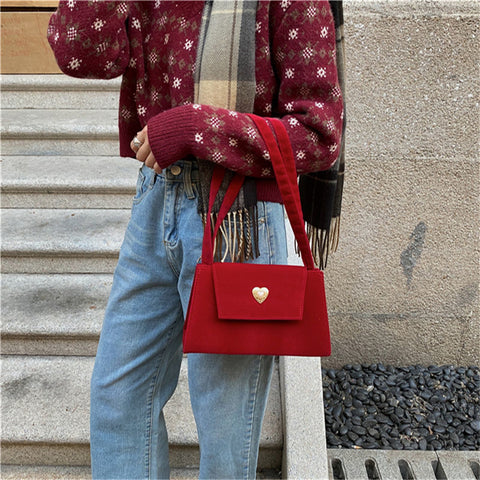Geumxl Elegant Velour Women Red Underarm Bag Vintage Design Female Shoulder Bags Faux Pearl Chain Ladies Small Tote Purse Handbags