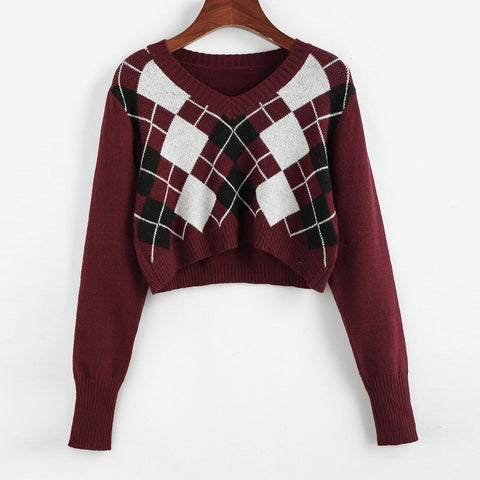 Geumxl Christmas Gift Cropped Argyle Sweater Women V Neck Long Sleeve Pullover Elegant Knit Sweater Top 2022 Fashion Za Style Autumn Jersey Mujer
