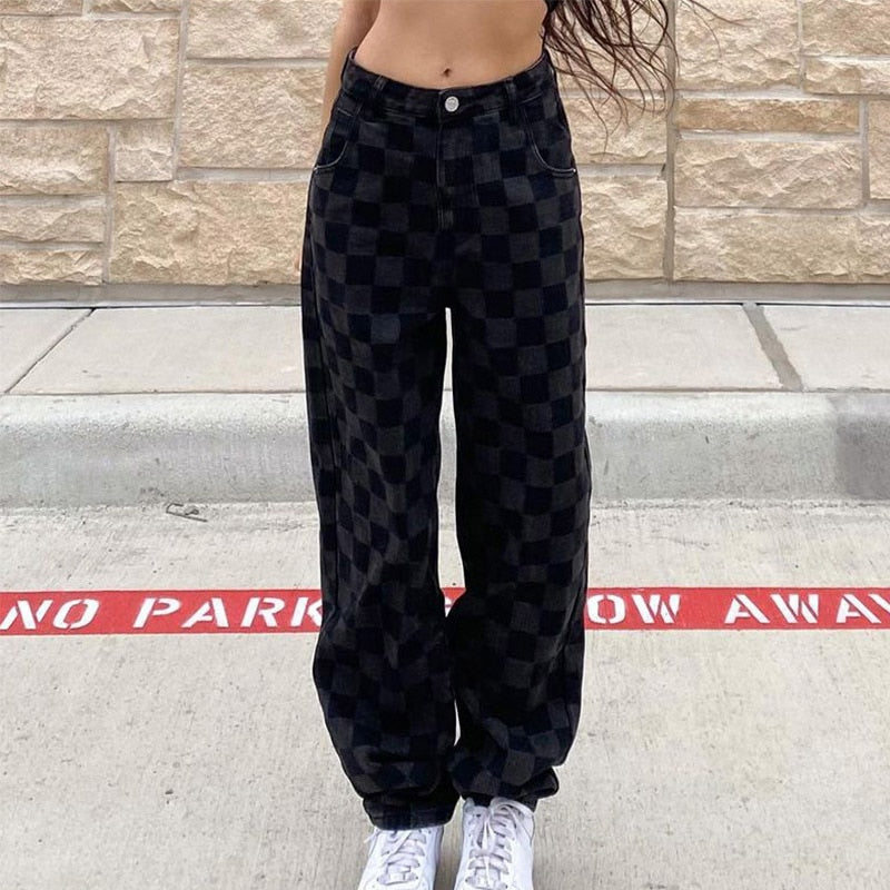 Geumxl New Harajuku Jeans Women Patchwork Jeans Female Streetwear Checkered Korean Style Wide Leg Pants Straight Plaid Trousers