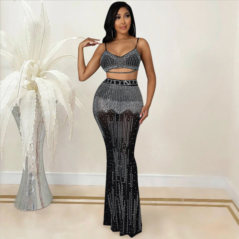 Geumxl Skirt Sets Women 2 Piece Outfits Solid Tassel Mesh Sexy Bodycon Elegant Club Party Wear Two-Piece Set Woman Clothing