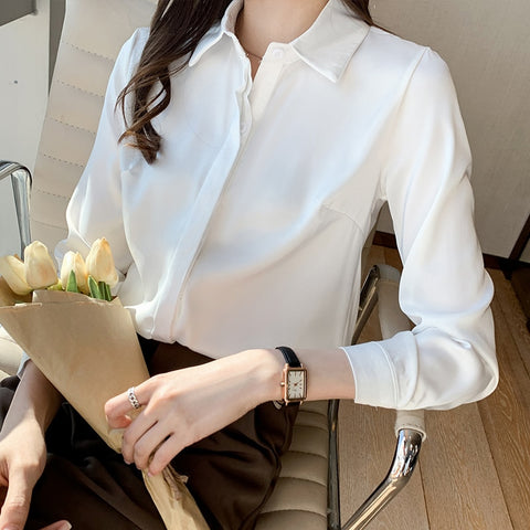 Geumxl Black Friday Elegant Satin Blouse Autumn Spring Turn-Down Collar Single-Breasted Long Sleeve Female Chiffon Shirt Ladies Blouse Plus