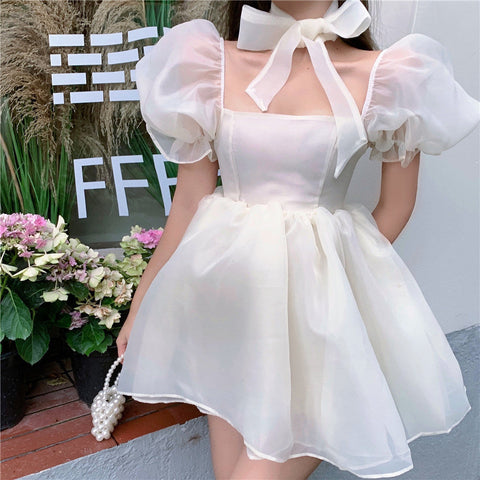 Geumxl Woman Sweet Pink Fairy Dress Summer Vintage Elegant Square Collar Puff Sleeve Ball Gown Robe Korean Mini Princess Vestidos 0719