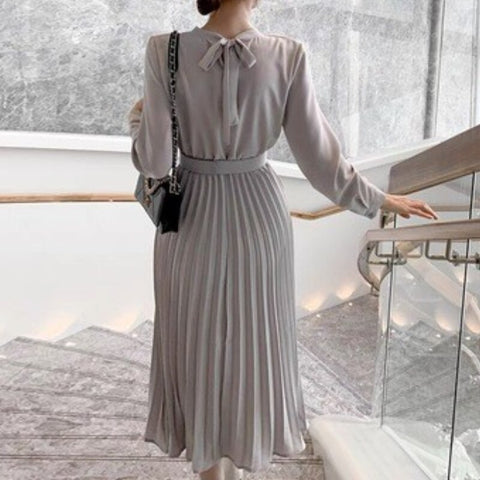 Geumxl Christmas Gift Women Autumn Casual Pleated Maxi Dresses Vintage Office Lady Loose Vestido Fashion Korean Long Sleeve Belted Midi Dress