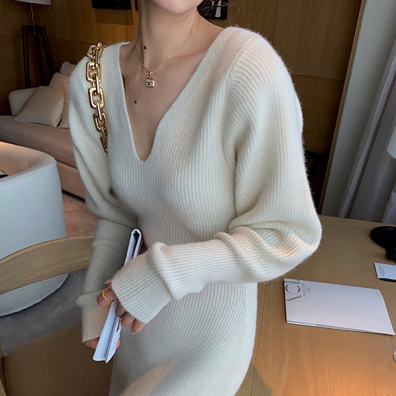 Geumxl Vintage Winter Maxi Dresses For Women Party 2022 Bodycon Sweater Dress Long Sleeve Knitted Dress Oversize Dresses Knitting Fall