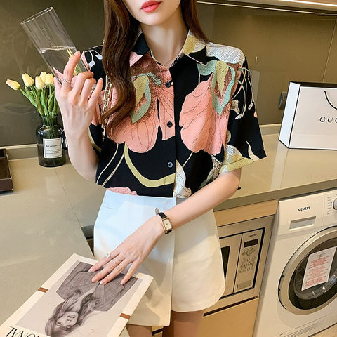 Spring/Summer Shirt Women Korean Style Elegant Long-Sleeved Blouse Chiffon V-Neck Single-Breasted Office Ladies Fashion Clothing