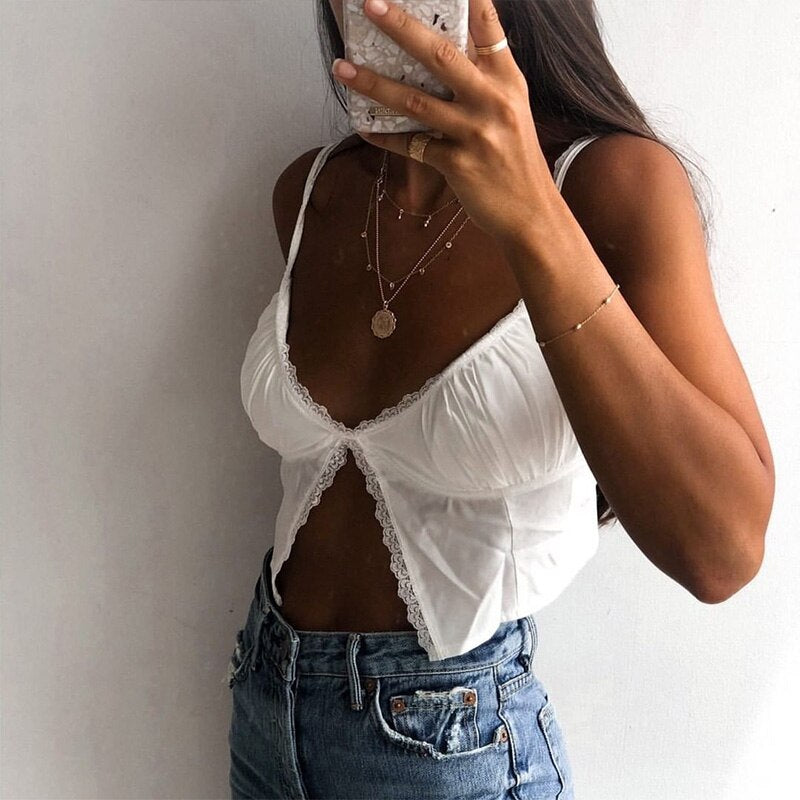 Single Button Ruched Camis Sexy Splice White Summer Camisole Ladies Casual 2022 Fashion Cropped Top Lace Women Camis