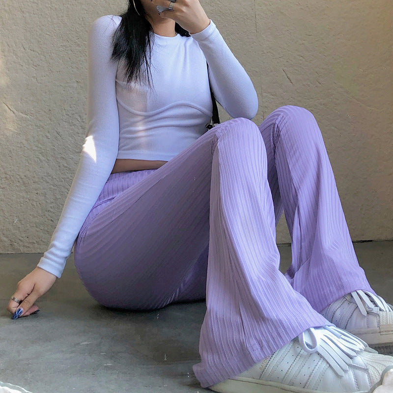 Geumxl Spring Summer Elegant Slim Knitted Ribbed Flare Pants Casual High Waist Trousers Vintage Bottoms Laides Purple Sweatpants
