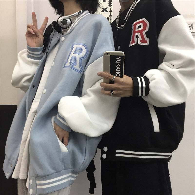 Geumxl Spring Autumn Letter R Men Women Couples Tops Harajuku Coat American Baseball Bomber Jacket Loose Plus Size Streetwear Japanese