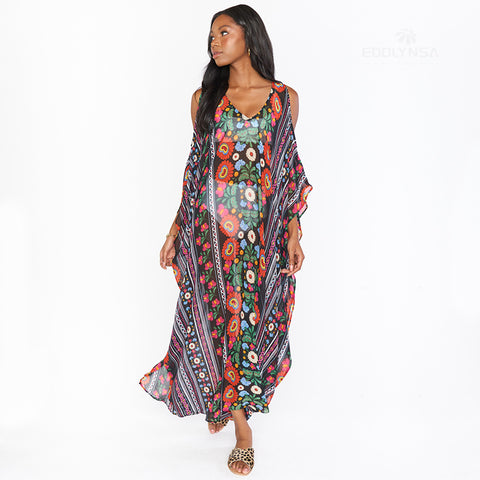 Geumxl 2022 Printed V-Neck Off The Shoulder Dress Plus Size Kaftan Robe Moroccan Kaftan Tunic Summer Women Beachwear Q1352