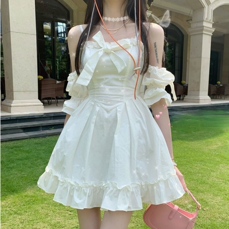Geumxl White Kawaii Fairy Strap Dress Women Patchwork Off Shoulder Sexy Party Mini Dresses Bow Ruffle Sweet Cute Princess Sundress 2022
