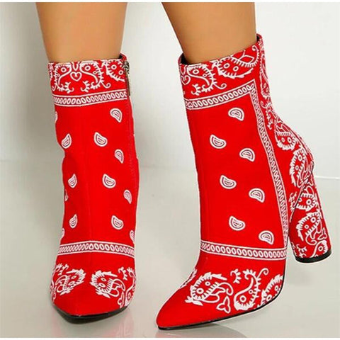 Geumxl New Women Ankle Sock Boots Printed Flowers Pointed Toe High Heels Side Zipper Females Retro Blue Fashion Shoes Plus Size 35-43