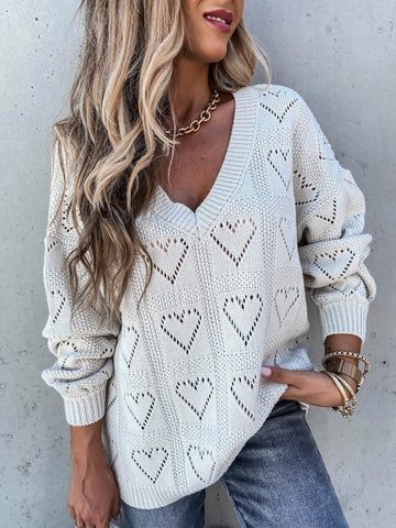 Geumxl White Long Sleeve Pullovers Women Sweaters Vintage Sweet Heart V Neck 2022 Boho Spring Autumn Warm Knitted Casual Tops
