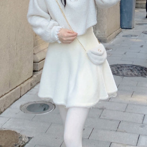 Geumxl Winter Kawaii Mini Skirt Women White Velvet Sweet Party Mini Skirt Female Koeran Fashion Designer Lace Patchwork Cute Skirt 2022