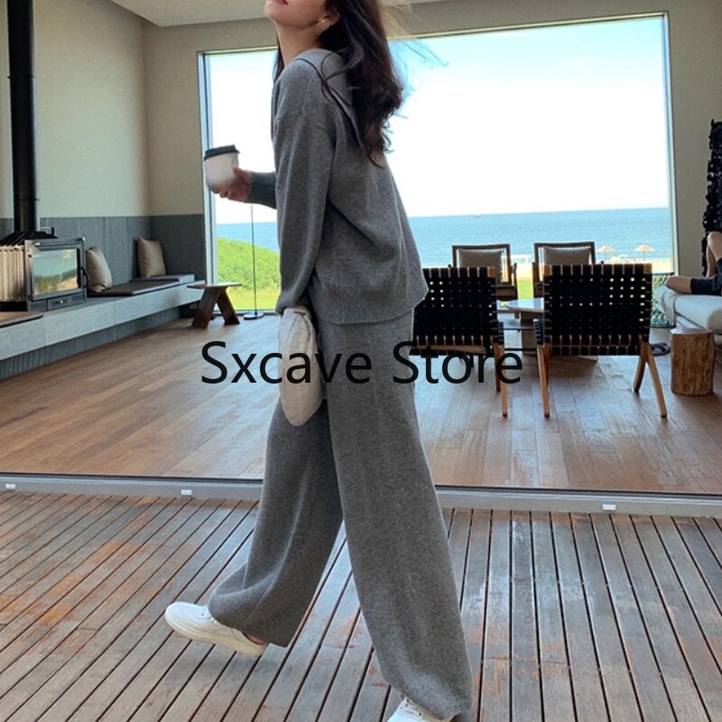 2 Piece Set Women Casual Outwear Korean Tracksuits Office Lady 2023 Winter Knitted Suits Loose Pants + Sweater Sets Pure Color