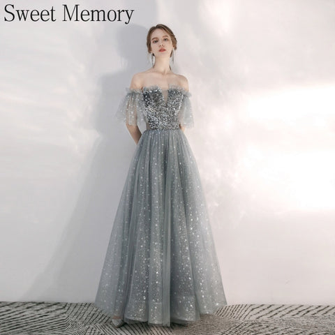 Graduation gifts  J1145 Sweet Memory Long Silver Gray Evening Dresses Celebrity Sequined Graduation Robes Soiree Dinner Wedding Party Dress Women