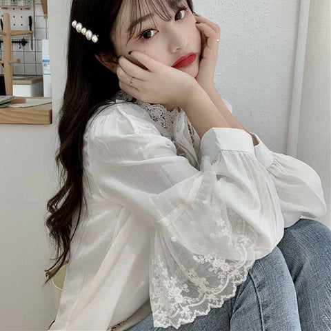 Fashion Korean Lace Up Ruffled Blouses Women Autumn Sweet Loose Clothes Stand Collat Ladies Tops Vintage Lace Shirts Women 11335