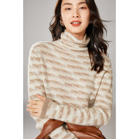 Geumxl Christmas TAILOR SHEEP New Autumn Winter100% Pure Wool Loose Sweater Women's Pullover Female Turtleneck Knitted Patchwork Color Jumper