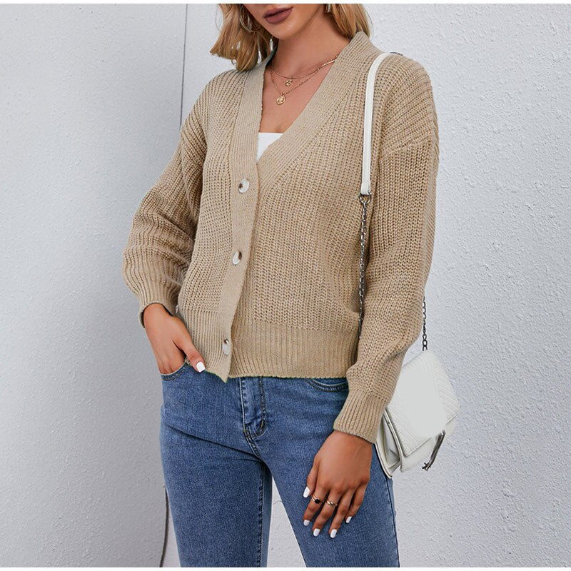 Geumxl V-Neck Solid Cardigan For Women Solid Loose Single Breasted Long Sleeve Office Lady Sweater 2022 Autumn New Casual Female Jumper