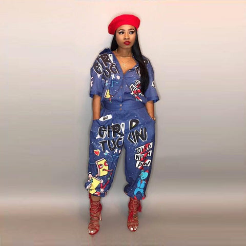 Geumxl 2023 New Style Brand Fashion Hip Hop Style Women Jumpsuit Special Letter Turn Down Collar Half Sleeve Romper Jumpsuit