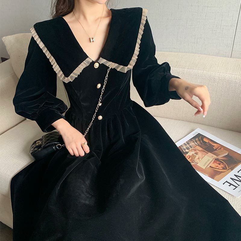 Geumxl Vintage Dresses For Women French Korean Style Super Fairy Mesh Lapel Corduroy Long Sleeve Black Woman Dress Princess Winter 2022