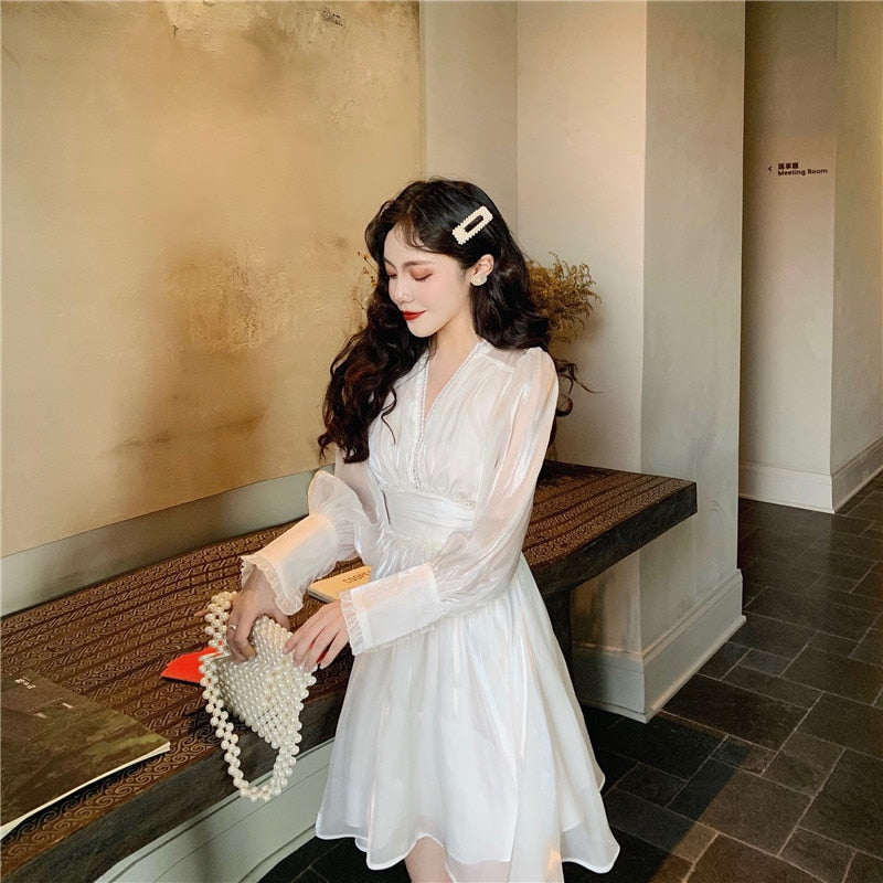 Geumxl 2022 Graduation party  Korean Ulzzang Spring Fall Women White French Dress Sexy V Neck See Through Party Mini Dress Puff Sleeve Stylish Dress With Belt
