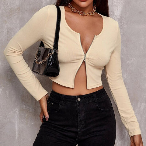 Retro Lapel Double Zipper Slim Temperament Knit Sweater Cropped Solid Colors Thin Coat Y2k Sexy Long-Sleeved Cardigan Crop Tops