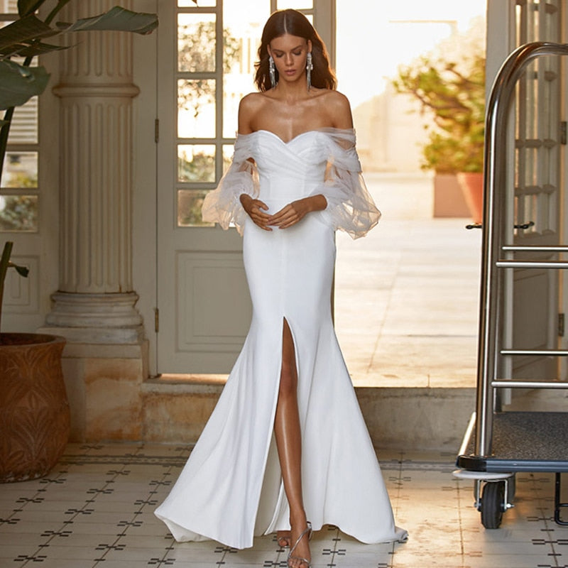 Off Shoulder White Long Voile Dress Slit Maxi Floor Length Celebrate Party Occassion Event Club Evening Gowns For Women Fashion