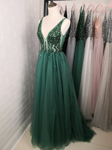 Sexy V-Neck Long Prom Dresses 2022 Beaded Beading Crystal High Splits Backless A-Line Formal Gown Party Dress