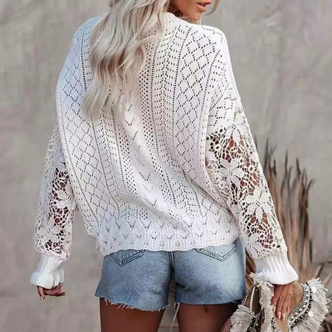 Geumxl Women Hollow Lace Splicing Knitting Sweater Chic Flower Macrame Butterfly Sleeve Knit Jumpers Boho Party Lady Pullovers