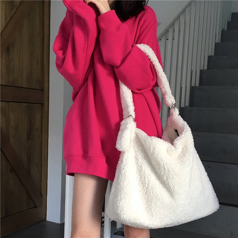 Geumxl Back to School Artificial Lamb Wool Women Shoulder Bags Luxury Design Faux Fur Ladies White Handbags Female Messenger Bag Large Casual Tote