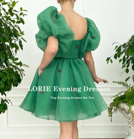Green Prom Dresses 2022 A-Line Green Red Cherry Short Puff Sleeves Short Party Gown Robes De Cocktail Dress For Teens