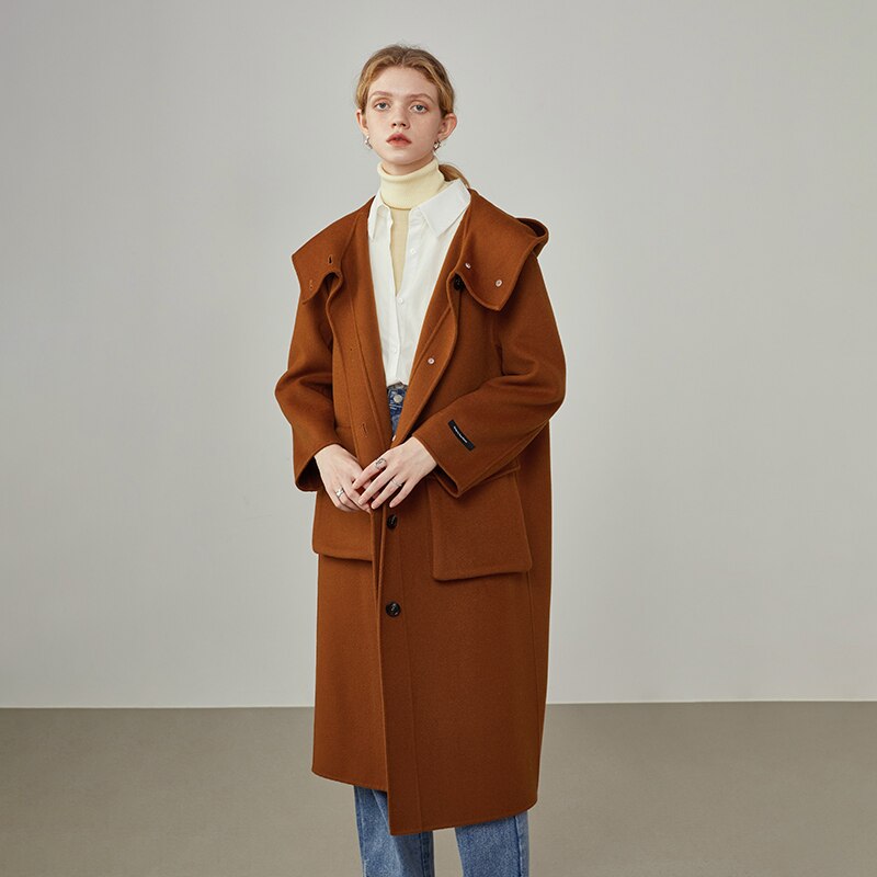 Geumxl Women's Winter Hooded Big Pocket Double-Sided Woolen Coat Women Beige Straight Single-Breasted Orange Cashmere Coats