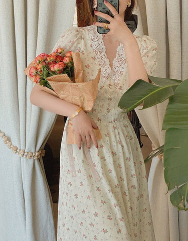 Geumxl Vintage Floral Dress Women Elegant Lace Chiffon Korean Party Dress Puff Sleeve V Neck Midi Dress Fall Dresses For Women 2022