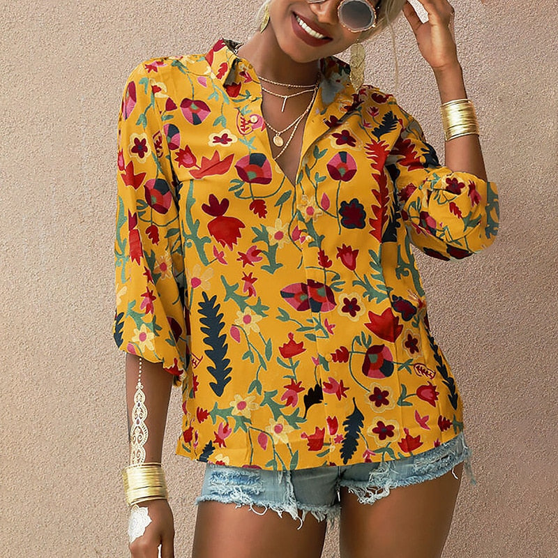Floral Print Blouse Women 2021 Summer Turn Down Collar Long Sleeve Shirts Casual Tops Ladies Office Wear Plus Size Blouses