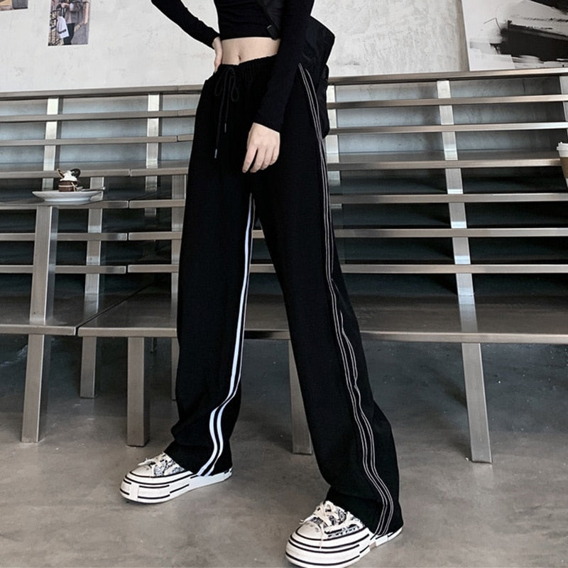 Geumxl Spring-Autumn Girl's High Waist Pants Harajuku Style Retro Side Striped Straight Mopping Pants Loose Casual Wide-Leg Trousers