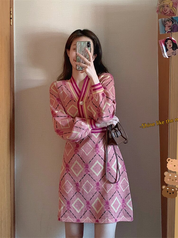 Geumxl Vintage Korean Woman Dresses For Women Classical Plaids V-Neck Knitting Button Details Female Winter Mini Dress Autumn 2022 Pink