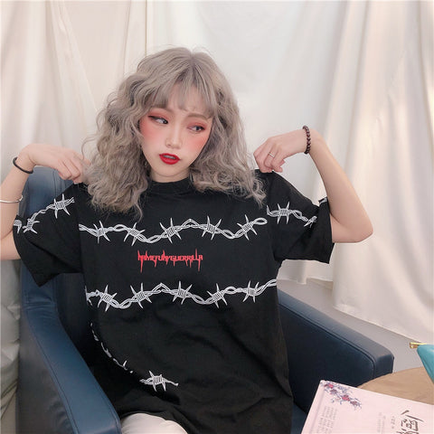 Loose Short Sleeve Unisex Tees Couple Clothes Grunge Tumblr Tops Bf Harajuku Women's T-Shirts Thorns Pattern Streetwear T Shirt