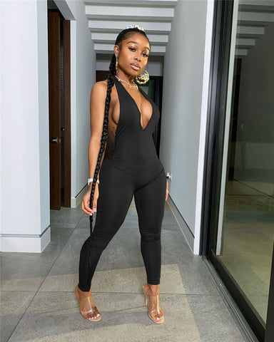 Geumxl Backless Halter Deep V Neck Bodycon Jumpsuit Women Rompers Sexy Club Jumpsuits Sporty One Piece Outfits C87-BB20
