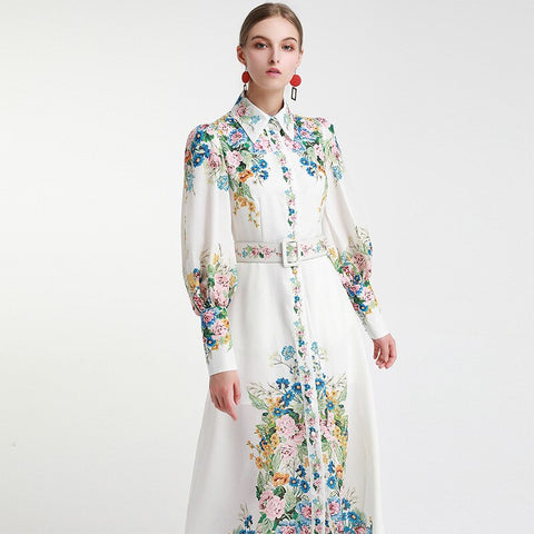 Geumxl Woman Shirt Dress Lantern Long Sleeve Multicolor Floral Pattern With Sashes Elegant Bohemian Style New Spring