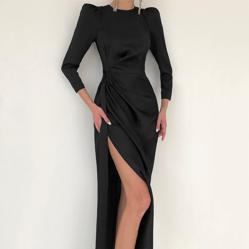 Geumxl Satin Gown Split Wrap Maxi Dress Women Elegant Fashion Outfits Straight Club Party Long Sleeve Dresses Clothes