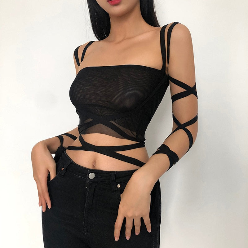 New Style Women's 2023 Solid Color Black Mesh Lace Tie Crop Top Navel Fashion Navel Y2k Sling Spring And Summer Sexy Small Vest