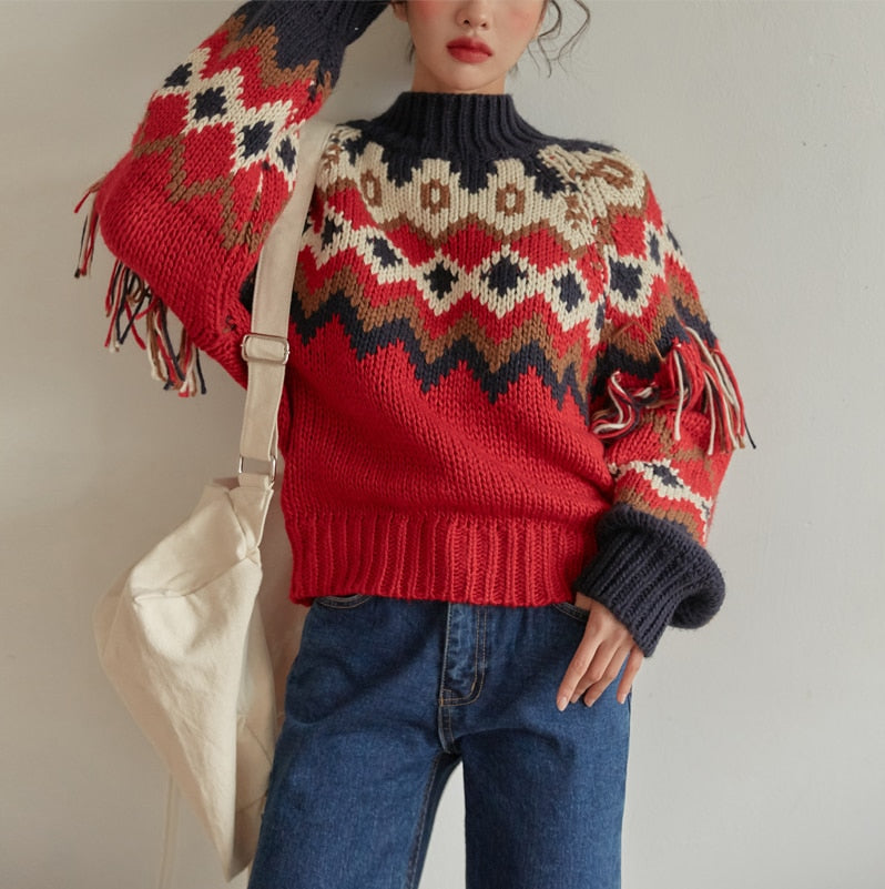 long sleeve autumn winter warm Christmas sweater vintage red jacquard knit sweaters women boho tassle jumper pullover