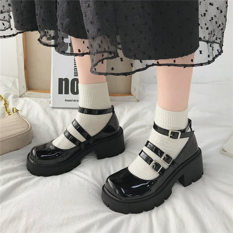 Geumxl High Heels Shoes Women Pumps Platform Shoes Fashion Mary Jane Shoes Lolita shoes Black Leather Woman Round Toe Student Mujer